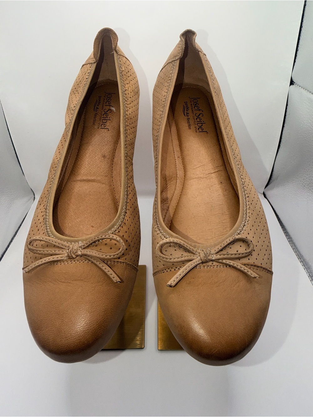 Josef Seibel Tan Leather Perforated Ballet Flats with Bow